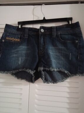 Women's Dark Blue Distressed Frayed Hem Denim Shorts